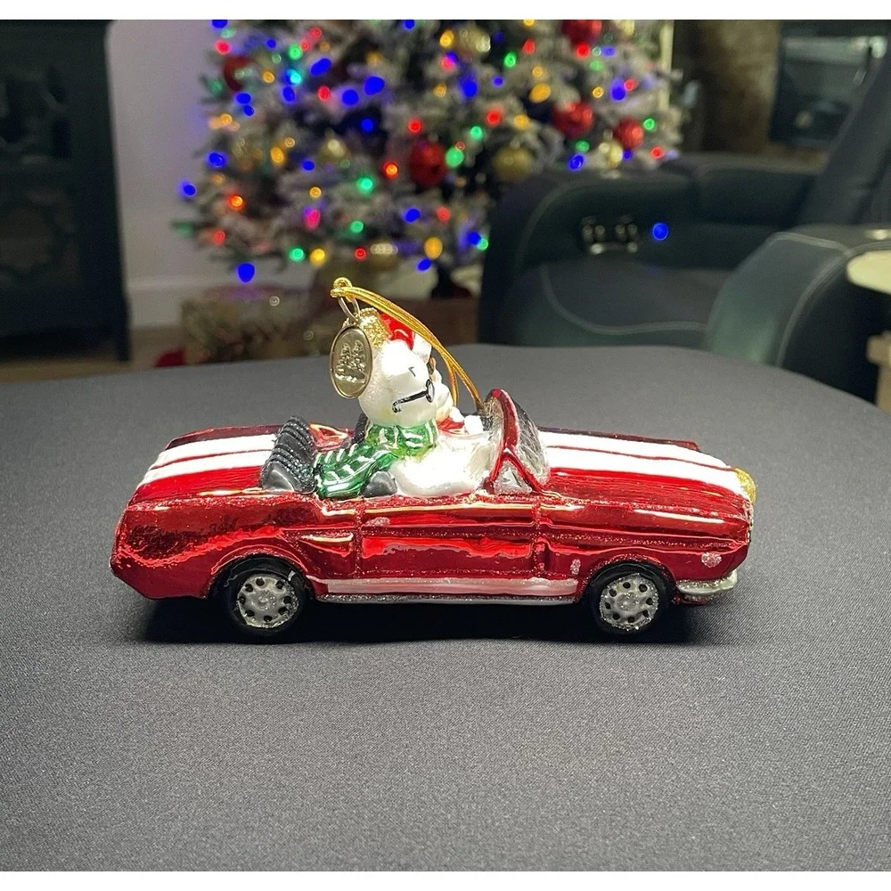 Vintage Santa Polar Bear Red Sports Car Blown Glass Christmas Ornament Mint!